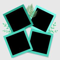 Set of green photo frame mockup scrapbook realistic with leaves and with shadows on grey background. Vector illustration