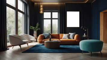 AI generated interior in loft, industrial style, 3d, mock up poster frame in modern interior. png