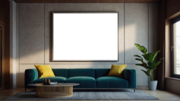 AI generated interior in loft, industrial style, 3d, mock up poster frame in modern interior. png