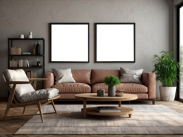 AI generated interior in loft, industrial style, 3d, mock up poster frame in modern interior. png