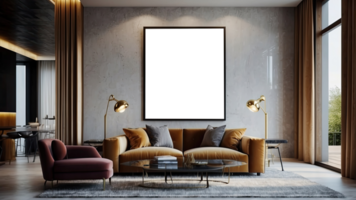 AI generated interior in loft, industrial style, 3d, mock up poster frame in modern interior png