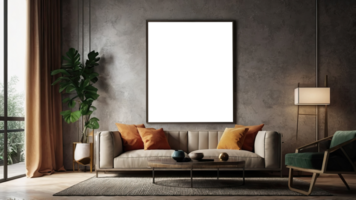 AI generated interior in loft, industrial style, 3d, mock up poster frame in modern interior png