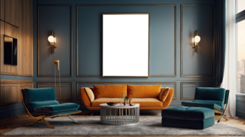 AI generated interior in loft, industrial style, 3d, mock up poster frame in modern interior. png