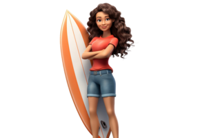 ai gegenereerd 3d tekenfilm vrouw karakter Holding een surfboard met gekruiste armen Aan transparant achtergrond. png