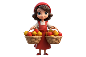 AI generated 3D Cartoon Female Character Holding a Basket of Apples on Transparent Background. png