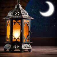 AI generated Ramadan Kareem lantern with the moon in the background photo