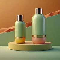 AI generated Two light green cosmetic beauty product podiums, pastel orange yellow gradient background, minimal mockup background for product cosmetic presentation 3d rendering photo