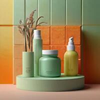 AI generated Two light green cosmetic beauty product podiums, pastel orange yellow gradient background, minimal mockup background for product cosmetic presentation 3d rendering photo