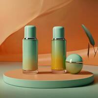 AI generated Two light green cosmetic beauty product podiums, pastel orange yellow gradient background, minimal mockup background for product cosmetic presentation 3d rendering photo