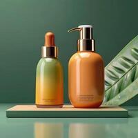AI generated Two light green cosmetic beauty product podiums, pastel orange yellow gradient background, minimal mockup background for product cosmetic presentation 3d rendering photo