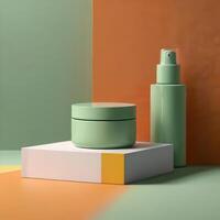 AI generated Two light green cosmetic beauty product podiums, pastel orange yellow gradient background, minimal mockup background for product cosmetic presentation 3d rendering photo