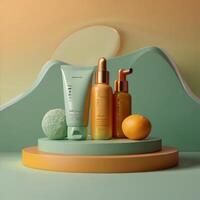 AI generated Two light green cosmetic beauty product podiums, pastel orange yellow gradient background, minimal mockup background for product cosmetic presentation 3d rendering photo