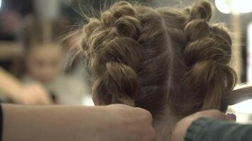 Hairdresser makes pigtails to a girl. Young girl gets a beautiful hairstyle. Close up video