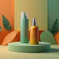 AI generated Two light green cosmetic beauty product podiums, pastel orange yellow gradient background, minimal mockup background for product cosmetic presentation 3d rendering photo