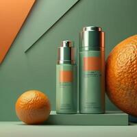 ai generado dos ligero verde cosmético belleza producto podios, pastel naranja amarillo degradado fondo, mínimo Bosquejo antecedentes para producto cosmético presentación 3d representación foto