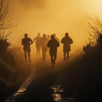 AI generated A group of runners are running through a foggy forest photo