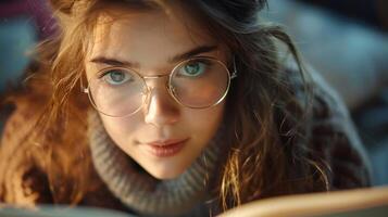 ai generado un mujer con lentes es leyendo un libro foto