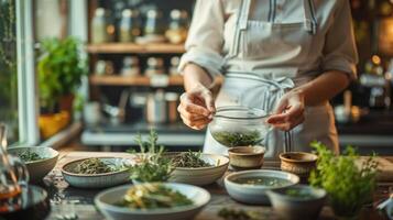 AI generated A woman is preparing food in kitchen with various bowls and a glass bowl. The kitchen is well-stocked with herbs and spices, and the woman is wearing an apron. Scene is warm and inviting photo