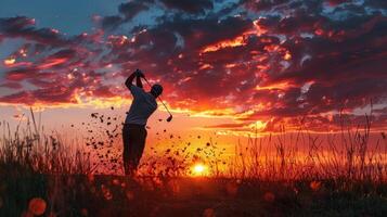 ai generado un hombre es jugando golf en un campo con un hermosa puesta de sol en el antecedentes. el cielo es lleno con nubes, y el Dom es configuración, creando un calentar y sereno atmósfera foto