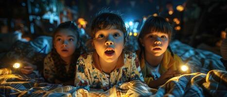 ai generado Tres niños son acecho un película en un cama con iluminado velas foto