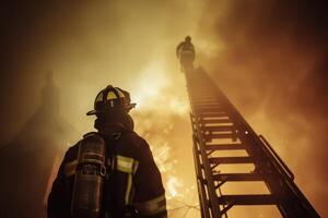 ai generado un bombero es en un escalera, mirando arriba a un fuego foto