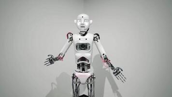 une humanoïde robot dans une recherche laboratoire cette se déplace ses mains. artificiel intelligence. video