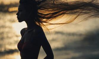 ai generado borroso movimiento silueta de un niña con largo cabello. ai generativo foto