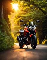 AI generated Motorcyclist riding a motorcycle on a country road at sunset. ai generative photo