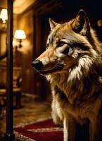 ai generado retrato de un lobo en un oscuro corredor a noche. ai generativo foto