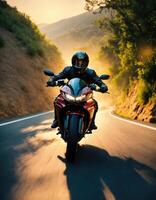 AI generated Motorcyclist riding a motorcycle on a country road at sunset. ai generative photo