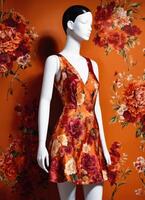 AI generated Fashionable evening orange summer dress on a mannequin. ai generative. ai generative photo