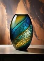 AI generated Colorful Decorative glass vase with green and blue pattern on the table. Close up. ai generative photo