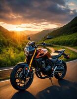 ai generado motociclista montando un motocicleta en un país la carretera a puesta de sol. ai generativo foto