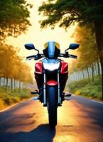 AI generated Motorcyclist riding a motorcycle on a country road at sunset. ai generative photo