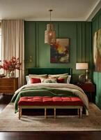 AI generated interior of classic bedroom, comfortable king size bed. ai generative photo