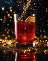 AI generated a glass of whiskey with ice and splashes. Golden sparkles background. ai generative photo