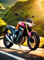 ai generado motociclista montando un motocicleta en un país la carretera a puesta de sol. ai generativo foto