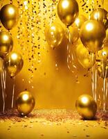 AI generated Celebration background with colorful balloons, confetti and golden ribbons. ai generative photo