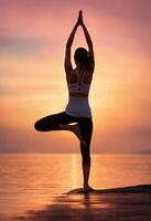 AI generated Silhouette of young woman practicing yoga on the beach at sunset. ai generative photo