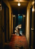 ai generado retrato de un lobo en un oscuro corredor a noche. ai generativo foto