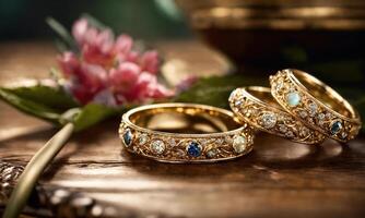 AI generated jewelry diamond ring on wooden table with bokeh background. ai generative photo