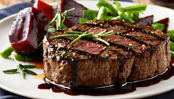 AI generated Beef steaks with asparagus and balsamic vinegar. ai generative photo
