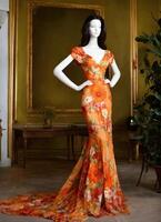 AI generated Fashionable evening orange summer dress on a mannequin. ai generative. ai generative photo