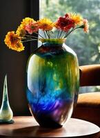 AI generated Colorful Decorative glass vase with green and blue pattern on the table. Close up. ai generative photo