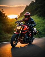 ai generado motociclista montando un motocicleta en un país la carretera a puesta de sol. ai generativo foto