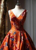 AI generated Fashionable evening orange summer dress on a mannequin. ai generative. ai generative photo