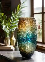 AI generated Colorful Decorative glass vase with green and blue pattern on the table. Close up. ai generative photo