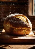 AI generated Freshly baked bread with sesame seeds on a wooden board. ai generative photo