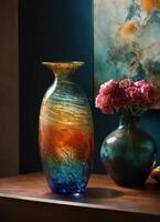 AI generated Colorful Decorative glass vase with green and blue pattern on the table. Close up. ai generative photo