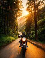 AI generated Motorcyclist riding a motorcycle on a country road at sunset. ai generative photo